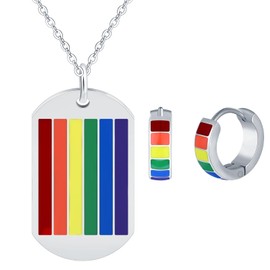 INFINIONLY Men's Women's Stainless Steel Necklaces and Earrings Jewellery Sets Creative Dog Tag Chains Pendant Rainbow Day Necklaces Fashion Rainbow Hoop Earrings for Boys Girls