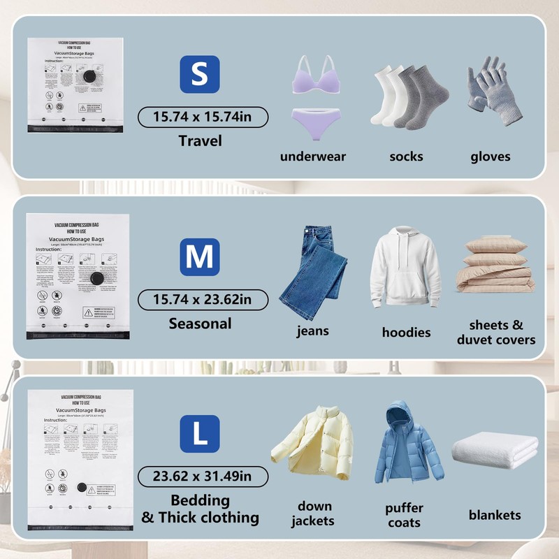 12 Pack Vacuum Storage Bags Space Saver Seal Bags for
