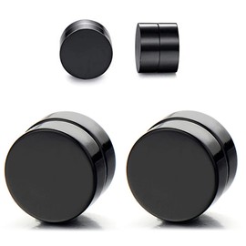 8mm Magnetic Earrings Set - No Piercing Required, Black Studs, Round Fake Gauge, Titanium Faux Plug Earrings - Punk Style Magnetic Jewelry for Men and Women