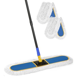 CLDREAM 24" Commercial Dust Mop for Floor Cleaning, Large Industrial Dust Broom Mop with 2 Cotton Reusable Mops Head,Heavy Duty 60" Long Handle Wet Dry Mops for Hardwood, Tiles, Marble Floors,Blue