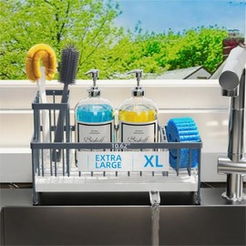 Moforoco Extra Large Sponge Holder for Kitchen Sink Organizer Caddy, Dish Brush Scrubber Holder,Stainless Steel Sink Box Utensil Holder,Soap Dispenser Set Tray Counter Accessories(Grey)