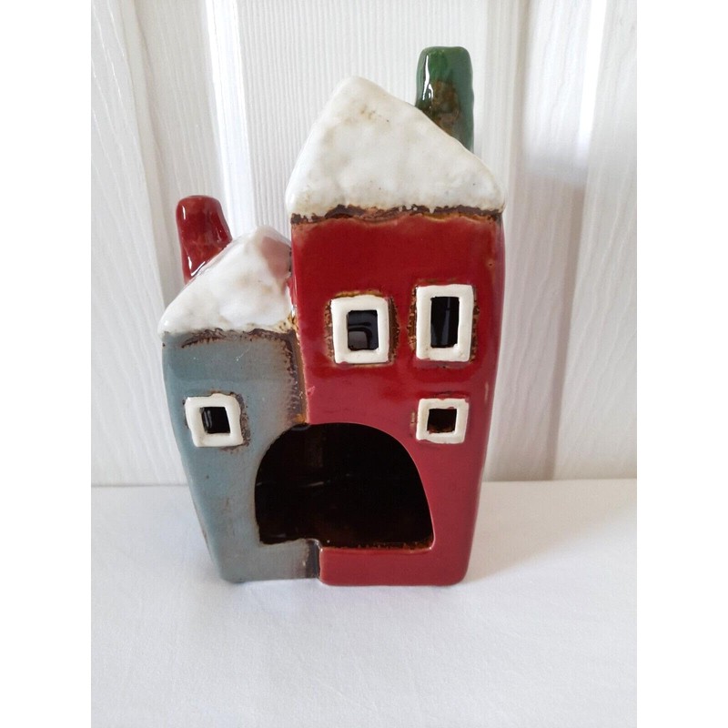 Christmas Two House Tall Cottages Tea Light Holder Red Grey