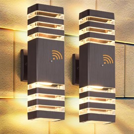 DASTOR 2 Pack Dusk to Dawn Light Fixture, Modern Wall Lights Brown Exterior Sconce, 3000K Up and Down Porch Lights for House Garage Patio