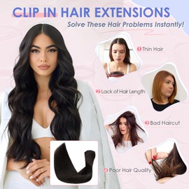Elailite Clip in Hair Extensions Real Human Hair - 8 Pieces Thin Weft Full Head Remy Hair Straight - #1B Natural Black - 22 Inch (75 g)