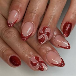 Christmas Press on Nails Short Oval MABKJLF Red French Tip Fake Nails Winter False Nails with Designs Candy Red Glitter Full Cover Glossy Glue on Nails Xmas Acrylic Nails for Women Girls 24 Pcs