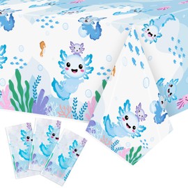 BkeeCten Axolotl Party Table Cover - 3-Pack Blue Cartoon Axolotl Party Table Cover Reptile Animals Waterproof Disposable Plastic Rectangle Tablecloth Birthday Christmas Winter Xmas New Year 86x51 inch