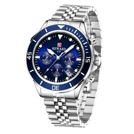 REWARD Mens Watches Fashion Casual Wristwatch(Analog,Waterproof, Chronograph, Luminous, Stainless Strap) - Silver Blue