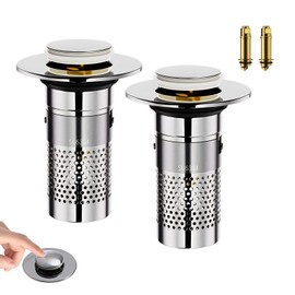 2Pcs Pop-Up Bathroom Sink Drain Strainer | Stainless Steel Anti-Clog Sink Stopper with Removable Hair Catcher Basket, Universal Drain Filter for Showers & Bathtubs (ABS+Stainless-Circular Netting)