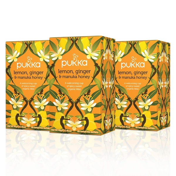 Pukka Lemon Ginger & Manuka Honey, Organic Herbal Tea Bags (3 Pack, 60 Tea Bags)