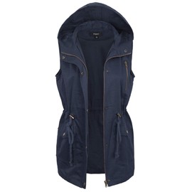 KOGMO Womens Zip Up Military Anorak Utility Vest with Hood True US Size (S-XL)-L-Navy