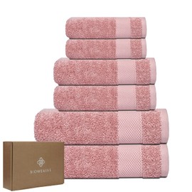 BIOWEAVES 100% Organic Cotton 6-Piece Luxury Bathroom Towels Set GOTS Certified 700 GSM, 2 Bath Towels, 2 Hand Towels & 2 Wash Cloths - Dusty Pink