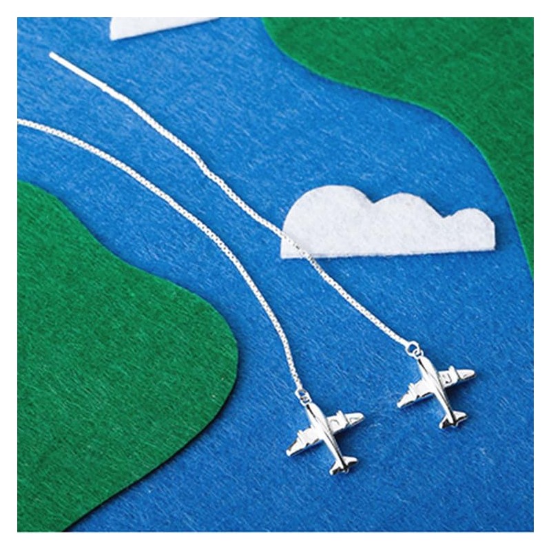 Rockyu Women's 925 Silver Earrings, Airplane Motif, Long Chain Earrings,