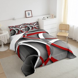 Circle Comforter Set Twin Size for Boys Kids Gray Black Red Swirls Room Decor Abstract Stripes Comforter Teens Bedroom Retro Style Bedding Set 1 Comforter with 1 Pillow Case,Lightweight Warm Soft