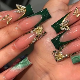 ROFIBUT Green French Tip Press on Nails Long Square Fake Nails with 3D Butterfly Gems Design Gold Glitter Rhinestones Charms Full Cover Glue on Nails Glossy Green Marble False Nails for Women 24Pcs