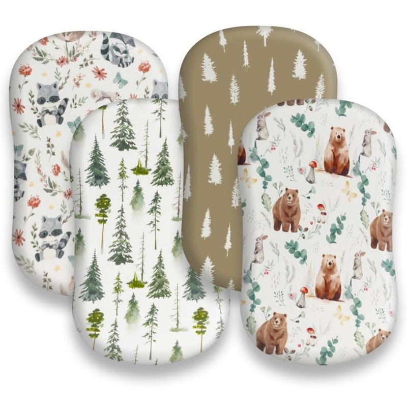 4 Pack Woodland Neutral Bassinet Sheets Set Unisex Forest Animals