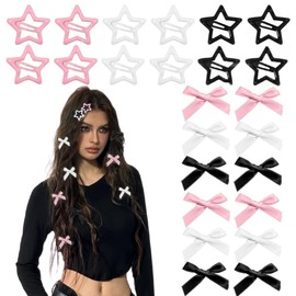 24PCS Y2k Hair Clips Set 3 Colors Star Hair Clips Satin Mini Hair Bow Clips Star Barrettes Bowknot Star Metal Snap Cute Hairclips Barrette Hair Accessories for Women Girls