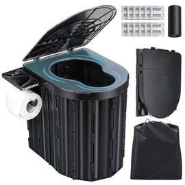 Portable Toilet for Adults, Foldable Plastic Toilet, with Lid and Paper Holder Travel Porta Potty for Adults Camping, Hiking, RV, Fishing, Beach, Road Trip, Truck, Hunting (Black)