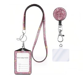 Fashion 3 in 1 Crystal Neck Lanyard, Bling ID Badge Holder,Retractable Rhinestone Work Name Card Holder for Teacher Nurse Doctor Women,Bonus Cellphone Safety Tab(1 Pink)