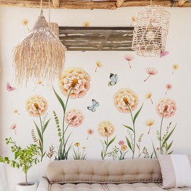 Runtoo Colorful Dandelion Flower Wall Decals Peel and Stick Floral Wall Stickers for Bathroom Nursery Kids Room Decor