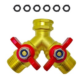 Upgraded Full-Flow Brass Garden Hose Splitter, 3/4 Inch，2-Way Y Connector for Outdoor Faucet, Heavy-duty Handle & Individual Shut-Off Valves, Ideal for Garden Irrigation & Cleaning Tasks