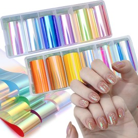 12 Rolls Aurora Glass Paper Holographic Nail Foil, Laser Broken Glass Nail Art Stickers Decals Reflective Mirror Sheet Cellophane Manicure Design for Women Girls Acrylic Nails Art Decoration