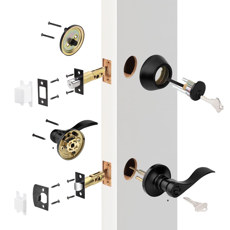 Probrico Front Door Entry Lever Lockset, Single Cylinder Deadbolt Combination