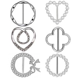 6PCS Silk Scarf Ring Clip T-shirt Tie Clips for Women Fashion Metal Ring Scarves Clasp Waist Buckle for Shirts Clothing Silver Zinc Alloy Pearl Clothing Ring Wrap Holder with 1 Exquisite Box, Large,