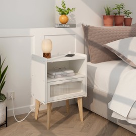 MMEOLUOOK Nightstand with Charging Station, Bedside Tables, End Table Side Table with 2 Tiers Storage Space, for Bedroom, Living Room, White MLBZ07WE