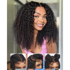6x6 Afro Kinky Curly Glueless Wig Human Hair,Wear and Go Kinky Curly Wig for Black Women,Effortless Style Pre Plucked Natural Hairline Pre Cut HD Closure Lace Wig for Women 16 Inch