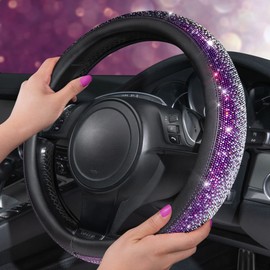 CAR PASS Bling Diamond Leather Steering Wheel Cover, Bling Sparkly Crystal Glitter Rhinestones Universal Fit 14" 1/2-15" Car Wheel Protector for Women Girl Fit Suvs,Vans,Sedans,Trucks, Purple Silver