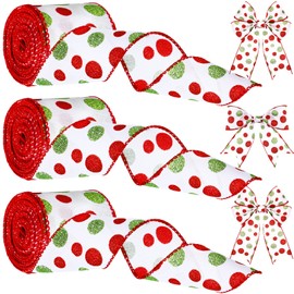 3 Rolls 18 Yard Christmas Wired Ribbon Glitter Burlap Ribbon with Wired Edge Red Green Glitter Dot Glitter Stripe Wired Ribbon Decorative Christmas Holiday Ribbon for DIY Craft (Classic Pattern)