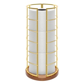 NearMoon Toilet Paper Organizer Stand, Freestanding 3 Rolls Tissue Storage, Metal Bathroom Accessory, Rustproof Toilet Roll Holder for Kitchen Countertop Inside Cabinet Shelf(Wooden Base, Gold)