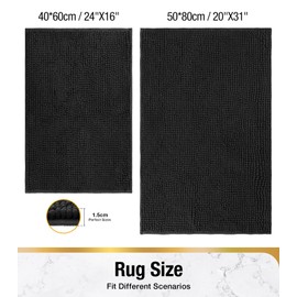 HITSLAM Chenille Bath Mat, Non Slip Bathroom Mat, Super Absorbent Bath Mats for Bathroom, Quick Dry Bath Rug, Machine Washable Rugs for Shower and Tub Floors, Ultra Soft on Feet, 40x60cm, Black