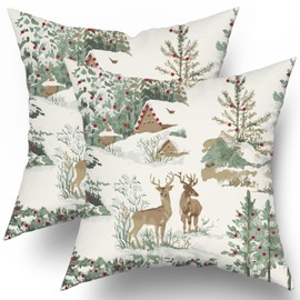 Winter Pillow Covers 18x18 Set of 2 Rustic Deer Tree Cabin Brown Auqa Winter Themed Style Forest Print Decorative Outdoor Pillowcases Christmas Farmhouse Throw Cushion Case Decor for Couch Sofa Bed