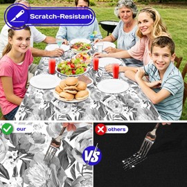 Waterproof Vinyl Table Cloth,Rectangle Tablecloths with Flannel Backing Wipeable Spillproof Plastic Table Cover for Dinner, Picnic, Indoor and Outdoor (Black Ink Ｆlowers， 60" x 84")
