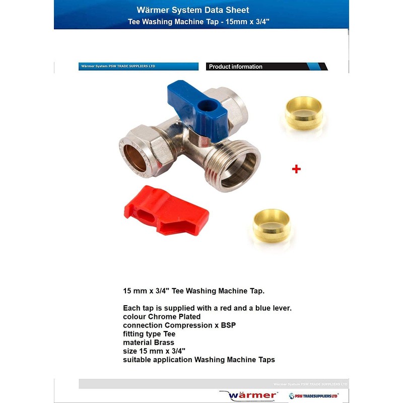 Washing Machine Tap Tee 15mm x 3/4" BSP. +2 Extra