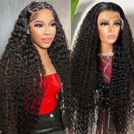 UWLK 30 Inch 13x6 Deep Wave Lace Front Wigs Human Hair Pre Plucked 200 Density HD Frontal Wigs Human Hair Deep Curly Wig for Women Natural Color