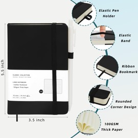 Coopay 6 Pack A6 Pocket Small Notebook with 6 White Pens Bulk Classic Hardcover Leather Journal Set with Pen Holder for Men Women Writing, Office, Home, School, Business, 100GSM, 3.5” x 5.5”, Black