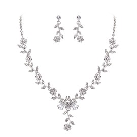 Clearine Women's Wedding Jewellery Set Leaf Cluster Flower Crystal Pendant Necklace Dangle Earrings Set for Bridal Bride Clear Silver-Tone