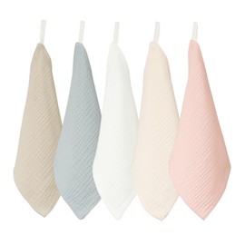 MOMSMENU Baby Gauze Handkerchief, 4 Layers, 100% Cotton, Soft, Name Included, Loop, 9.8 x 9.8 inches (25 x 25 cm), Set of 5