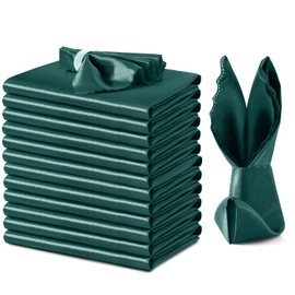 VACVELT 12 Pack Hunter Green Satin Napkins, 17x17 Inch Square Wedding Napkins with Scalloped Elegant Pattern for Restaurant, Banquet, Graduation Party
