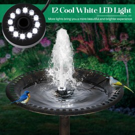Dunkive Bird Bath Fountains with 12 LED Lights, 4W 24 Hour Working Small Fountain Pumps Outdoor, Adjustable Watering Submersible Pump for Garden, Pond, Create a Stunning Cool White Water Feature