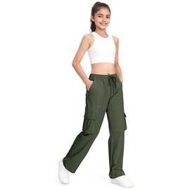 HASMES Girls Cargo Pants Kids Sweatpants Joggers Hiking Pants Waterproof Parachute Pants with Pockets 7-15Y Green