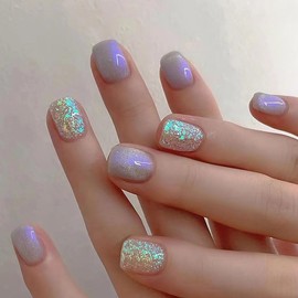 Square Fake Nails Short Press on Nails Glitter with Aurora Design Purple False Nails Acrylic Full Cover Artificial Glue on Nails Coffin Elegant Stick on Nails for Women Manicure Decoration 24Pcs