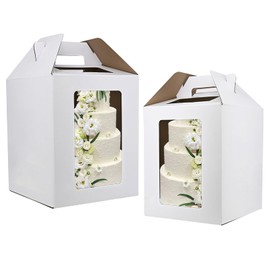 KBG Tall Cake Boxes for Tier Cakes 6pcs 14x14x16 and 16x16x18 Inches With Window With Handle,Disposable Large Cake Box for Wedding Cake Safe Transport Box