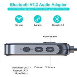 HENGBIRD 2 in 1 Aux Bluetooth Adapter Car Bluetooth 5.3 Adapter and Receiver with 3.5 mm Jacks, Simultaneous Connection of Two Devices, Bluetooth Adapter Aeroplane, Car and Home