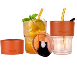 13.5oz Glass Tumbler Coffee Cups with Straw and Lid Reusable Travel Iced Coffee Smoothies Cups Amber Glasses Drinking Glass Cups with Leather Band for Hot & Cold Beverages