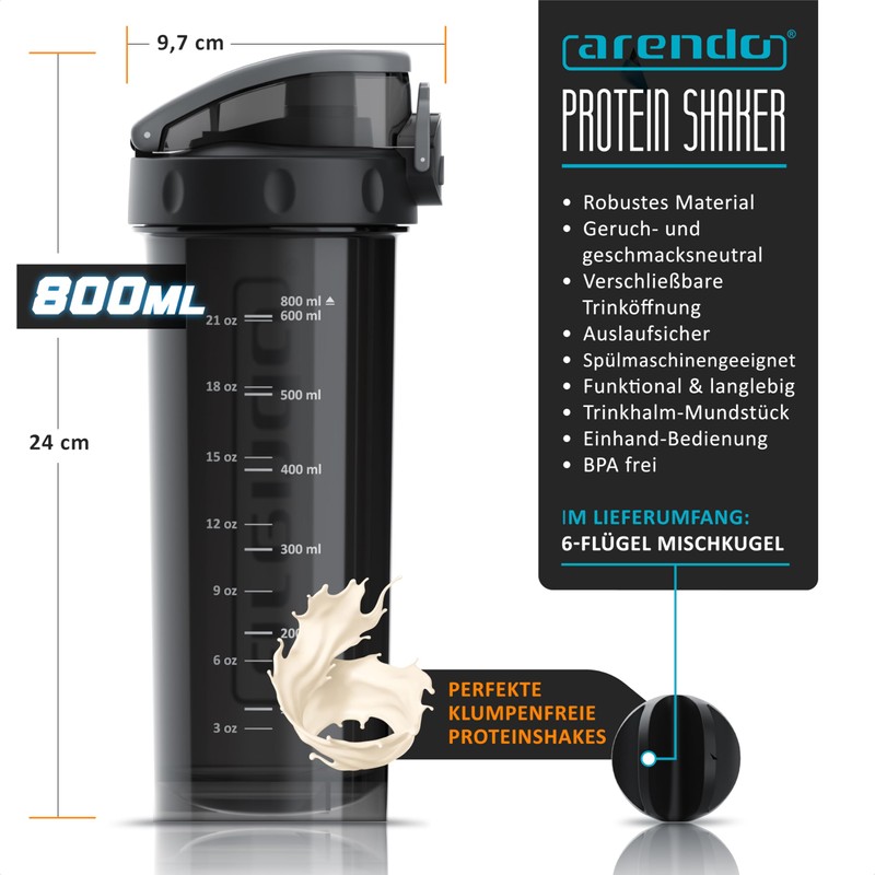 Arendo - Protein Shaker - 800 ml - Removable Lid