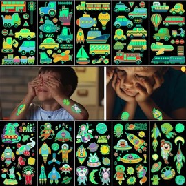 100Pieces Glow Temporary Tattoos for Kids Waterproof Luminous Tattoo Sticker Glow Mixed Style Cartoon Tattoo space and traffic Fake Tattoo Stickers Party Supplies, 10 Sheets (Luminous space and traffic cars)