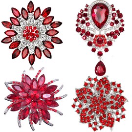 Ezing 4 Pieces Red Rhinestone Crystal Flower Brooch Lot with Big Pendant Pins Fashion Jewelry (Red)